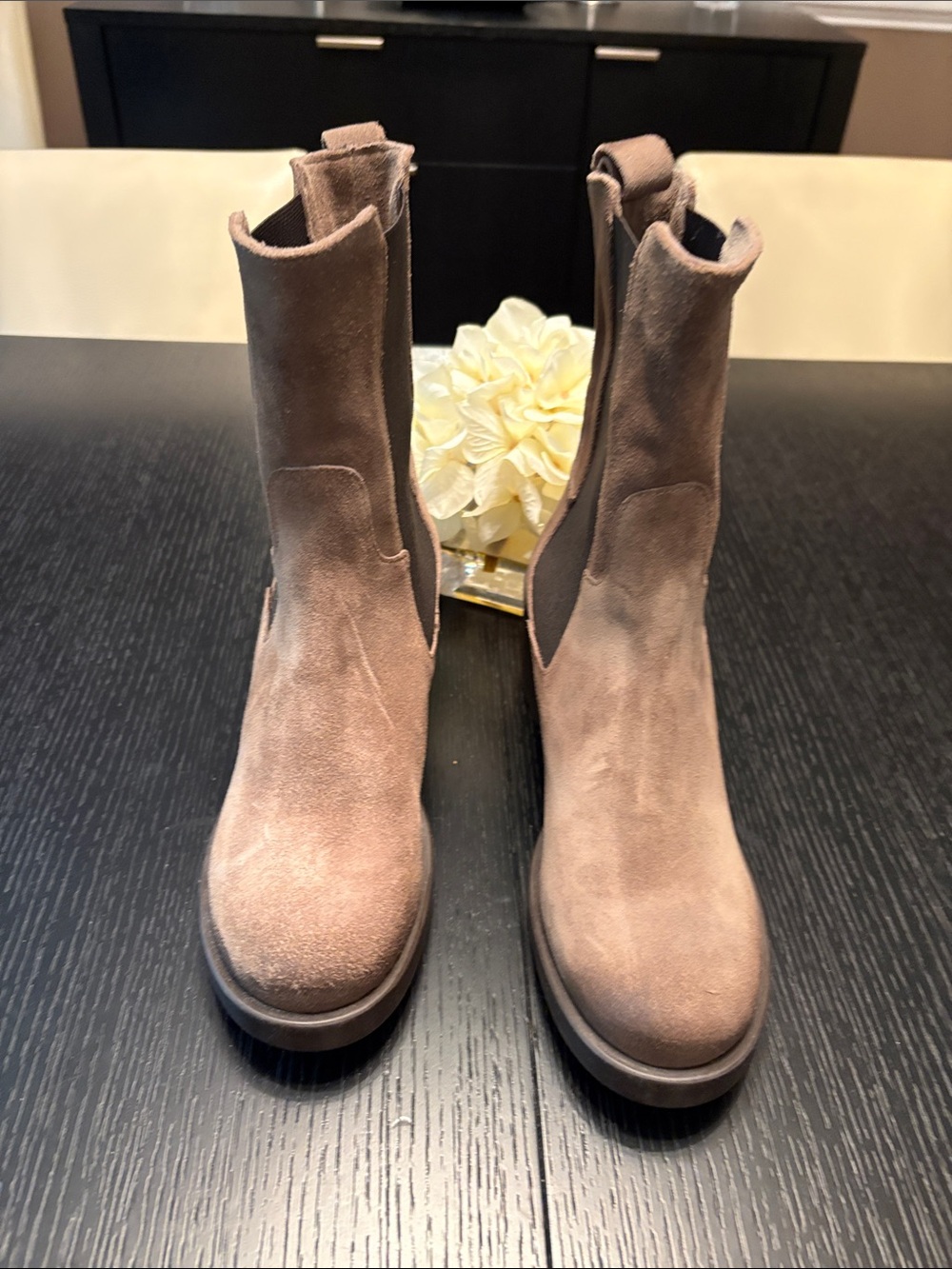 Suede Chelsea Booties in Taupe